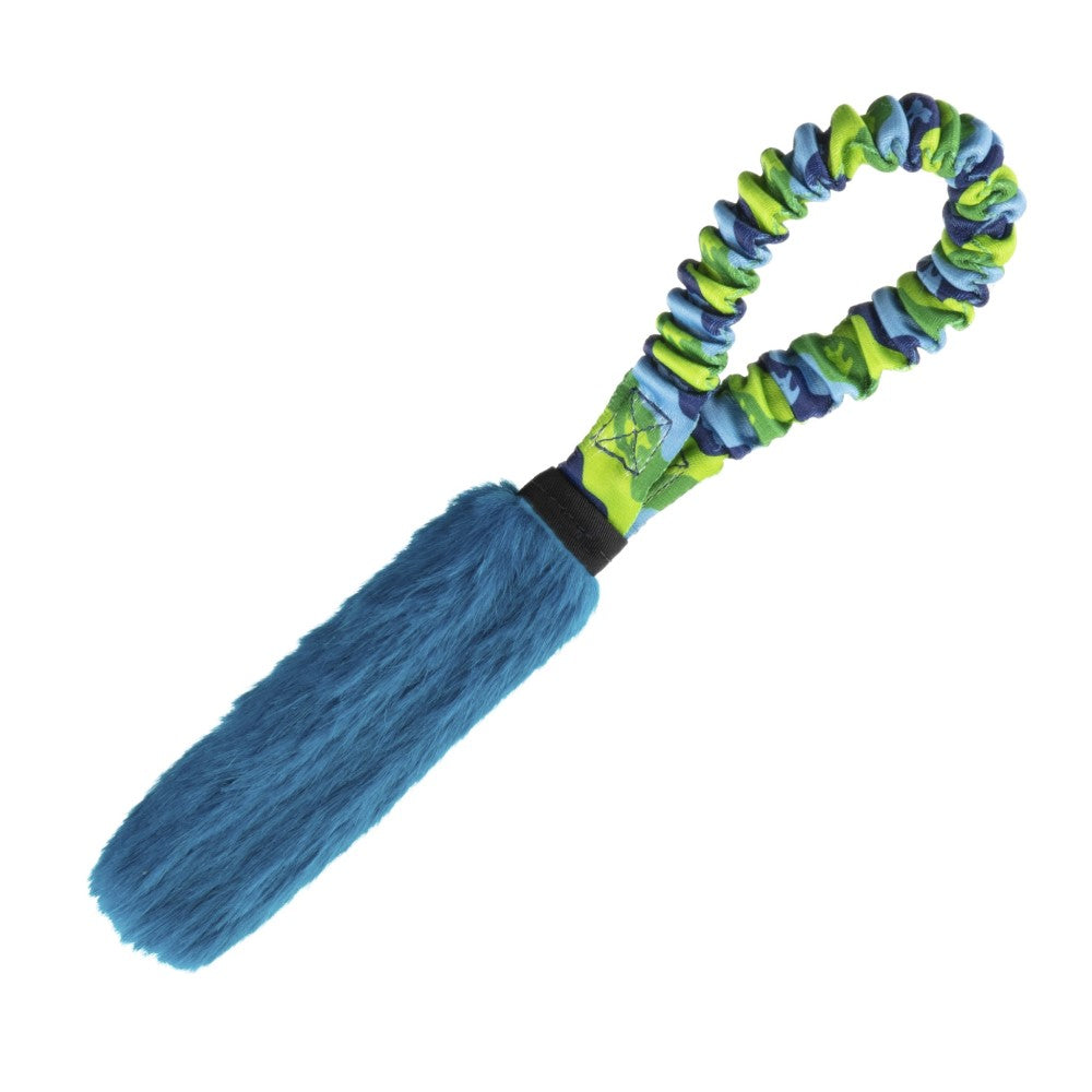 A compact pocket sized tug toy for interactive dog training, with green patterned bungee handle and blue faux fur.